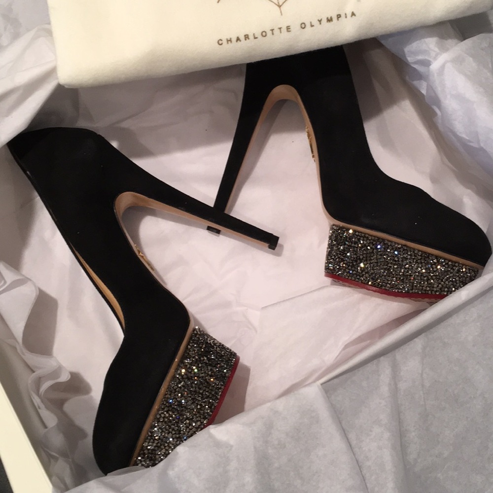 Charlotte Olympia Black Suede high heel pumps.